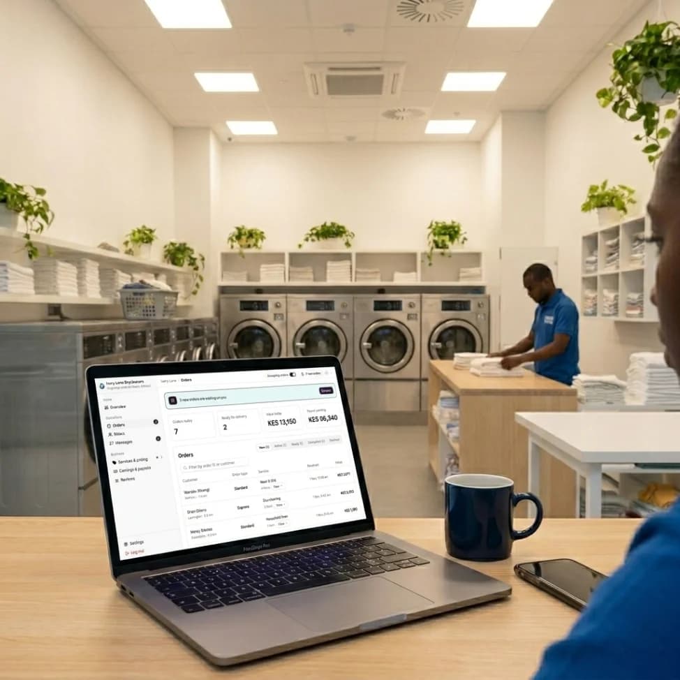 A laundromat owner checking new orders on the GoClean dashboard