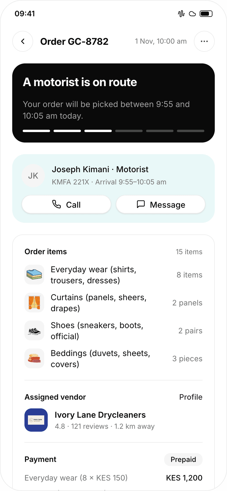 Order tracking in the GoClean app